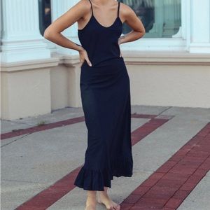 Mille Resort Roma Slip Dress Ruffle Hem Midi Dress Black Organic Cotton Size XXS